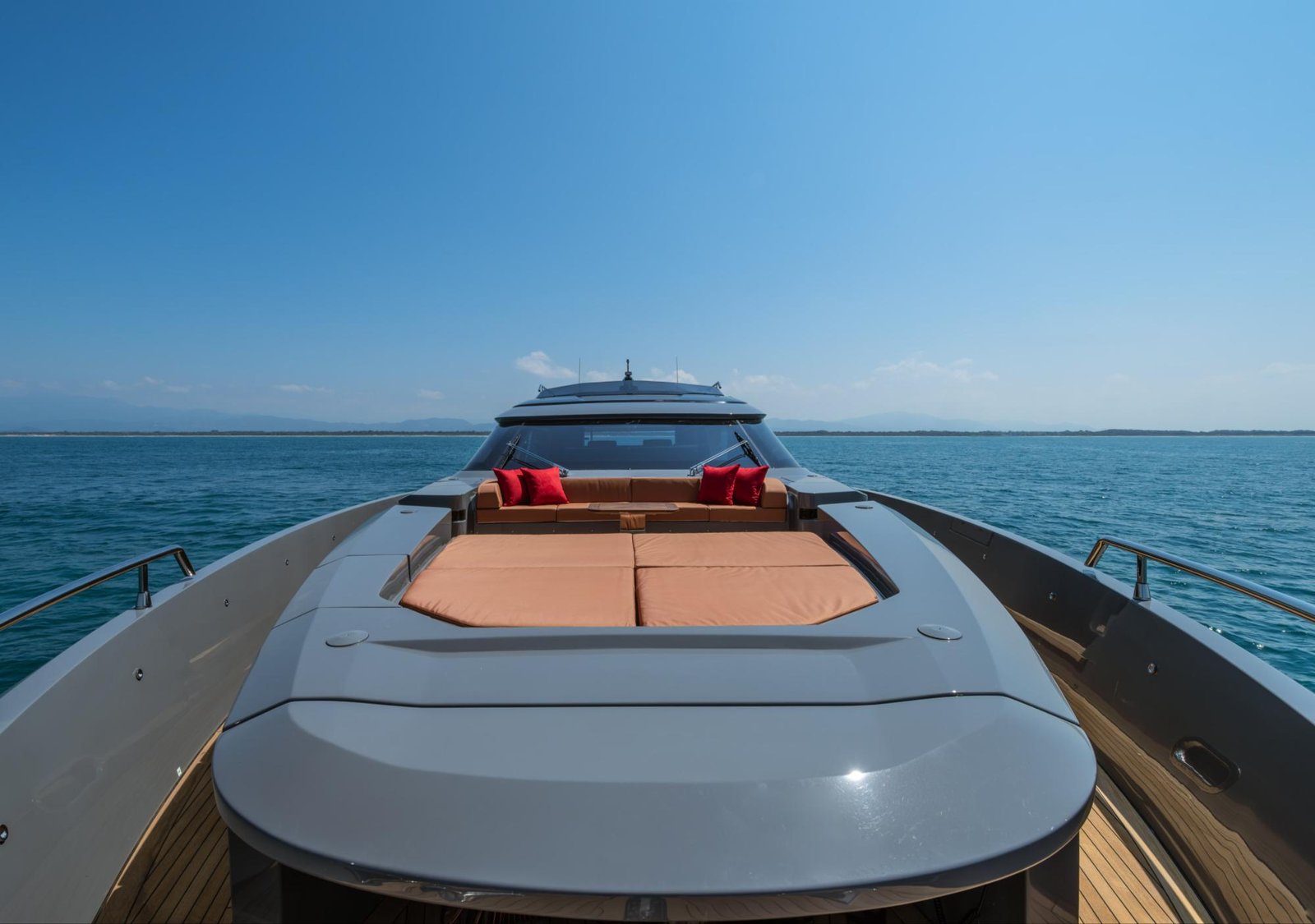 Luxury yacht bow with sunbed cruising the Mediterranean