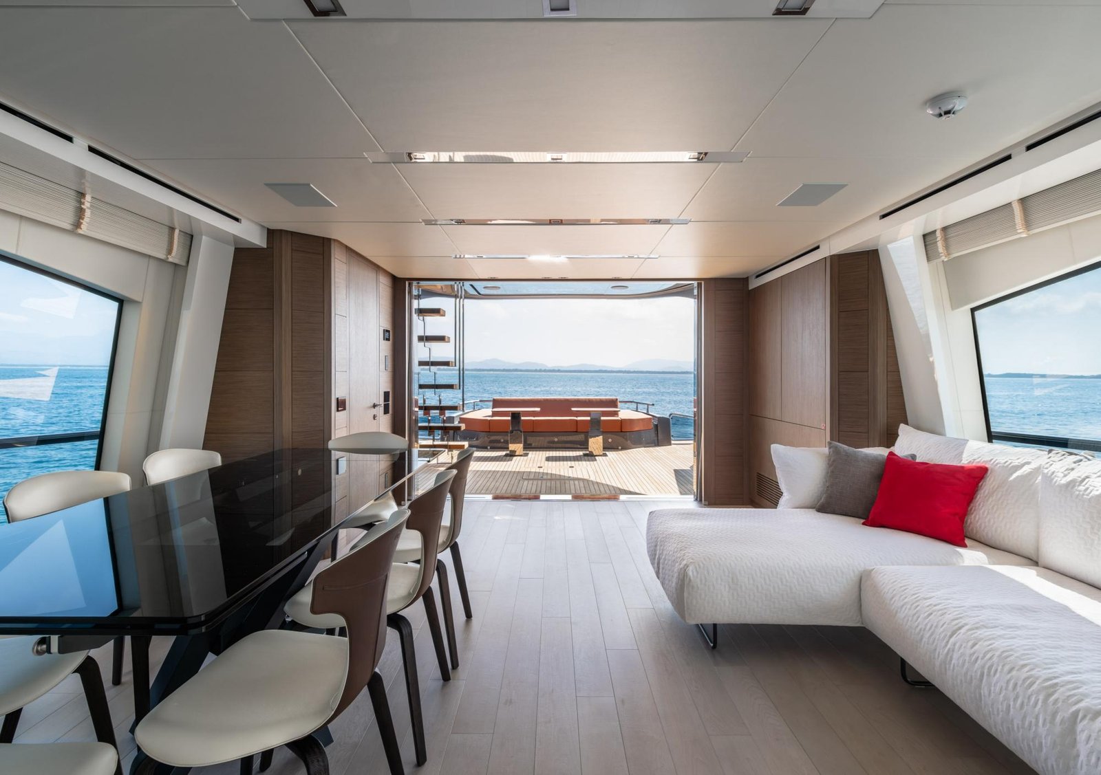 Luxury yacht interior lounge with sea views
